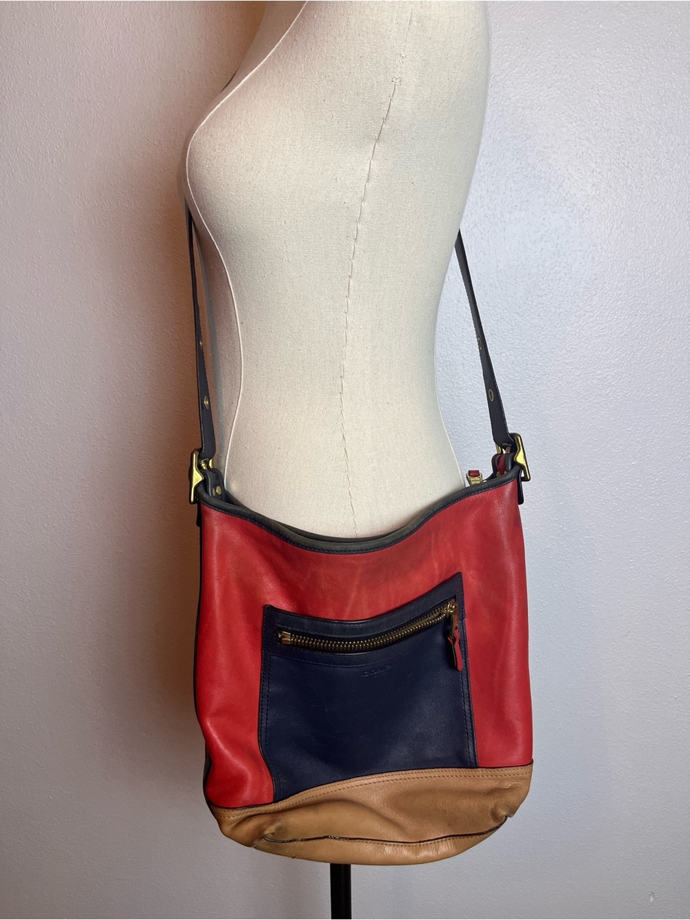 Vintage Coach Leather Purse, Red Shoulder Bag with Navy Pocket and Tan Base